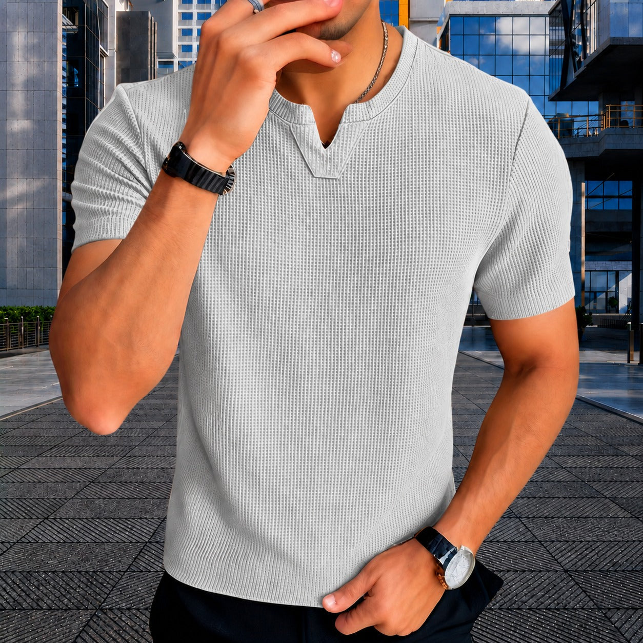 Camiseta Matteo™ em Malha de Algodão Texturizada com Estética Old Money