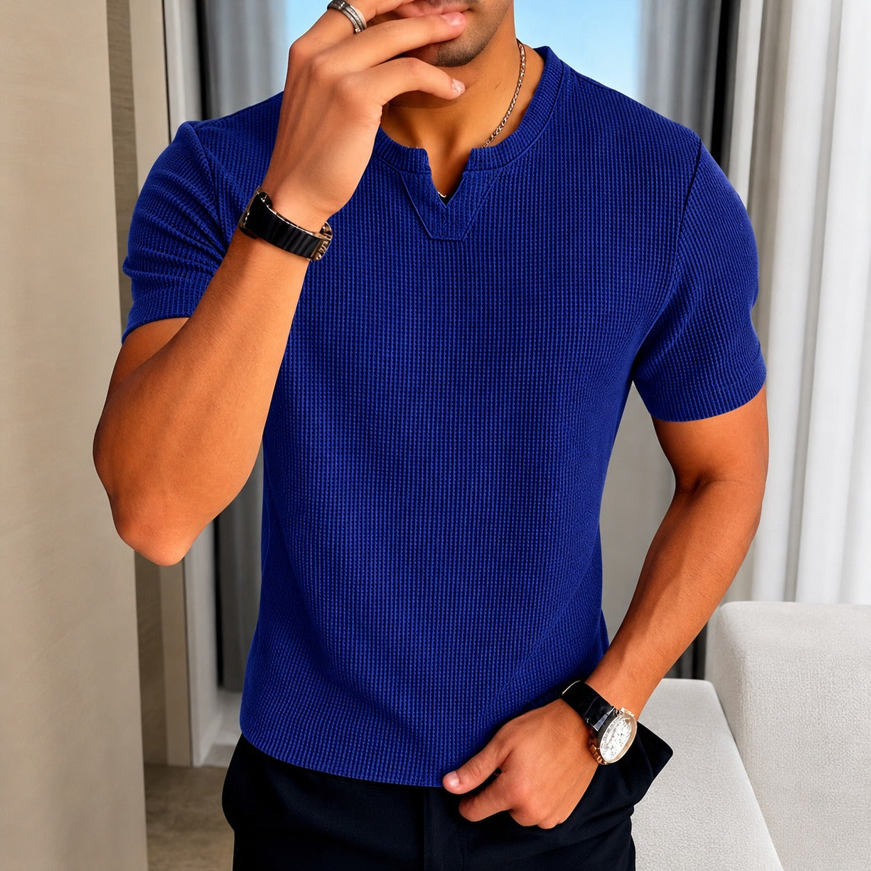 Camiseta Matteo™ em Malha de Algodão Texturizada com Estética Old Money