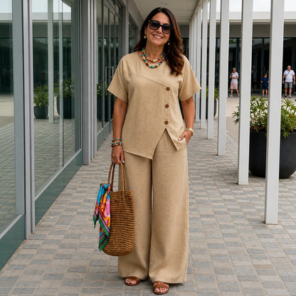 Conjunto Savena™ em Linho de Algodão com Blusa Assimétrica e Pantalona Fluida