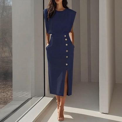 Vestido Maelle™ Midi com Ombros Estruturados, Botões Chiques e Fenda Frontal / Presença Elegante Para Ocasiões Marcantes