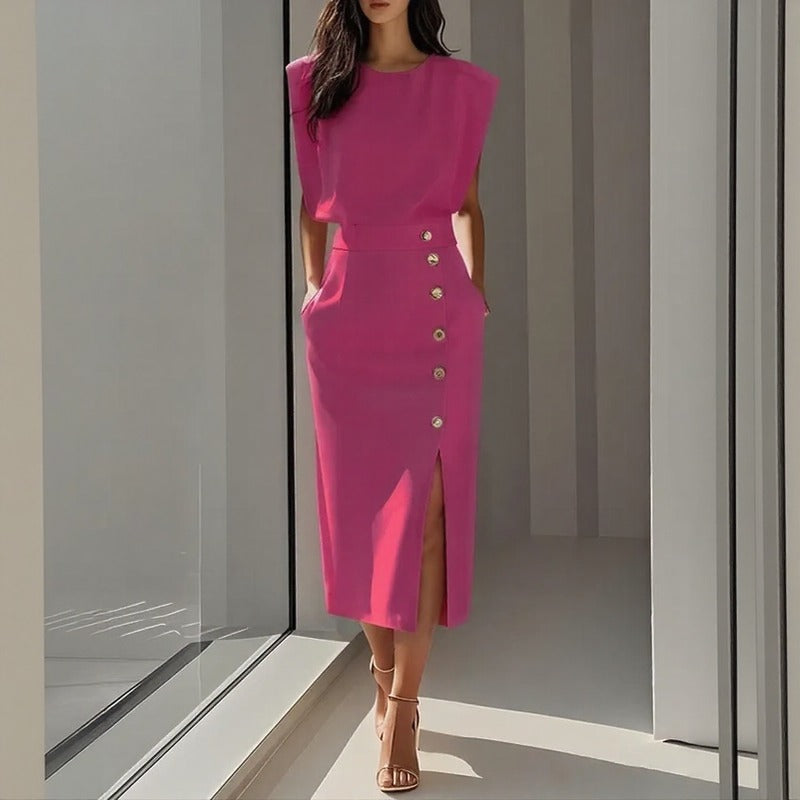 Vestido Maelle™ Midi com Ombros Estruturados, Botões Chiques e Fenda Frontal / Presença Elegante Para Ocasiões Marcantes