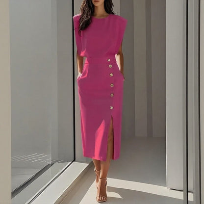 Vestido Maelle™ Midi com Ombros Estruturados, Botões Chiques e Fenda Frontal / Presença Elegante Para Ocasiões Marcantes