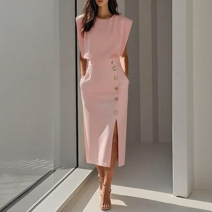 Vestido Maelle™ Midi com Ombros Estruturados, Botões Chiques e Fenda Frontal / Presença Elegante Para Ocasiões Marcantes