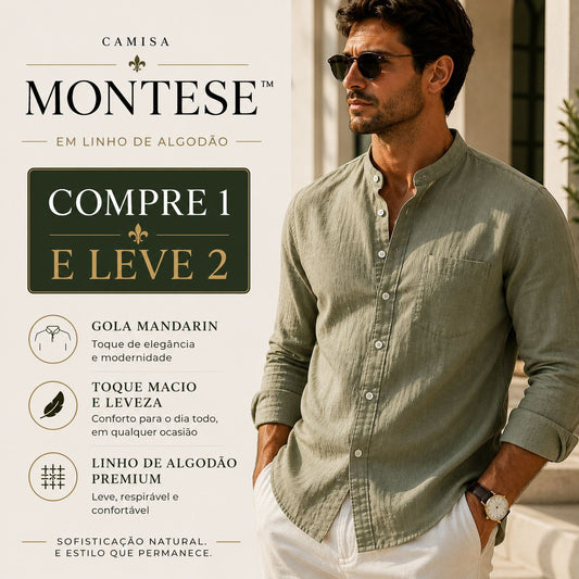 [COMPRE 1 E LEVE 2] Camisa Montese™ Em Linho de Algodão Com Gola Mandarim