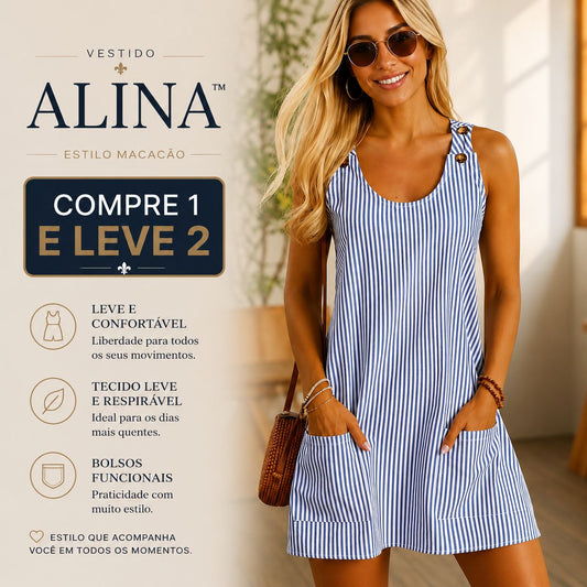 [COMPRE 1 E LEVE 2] Vestido Alina™ Estilo Macacão com Listras Verticais e Bolsos Frontais / Conforto e Praticidade em Uma Única Peça