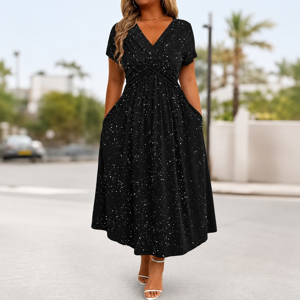 Vestido Serenna™ com Decote V, Busto Drapeado e Bolsos Laterais