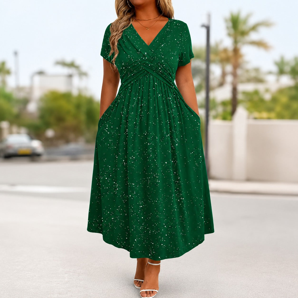 Vestido Serenna™ com Decote V, Busto Drapeado e Bolsos Laterais