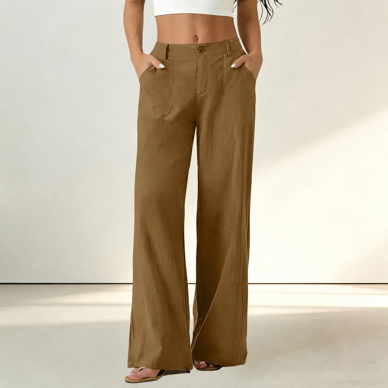 Calça Sorena™ com Cintura Alta, Bolsos Amplos e Modelagem Reta / Conforto Que Mantém o Visual Bem Alinhado