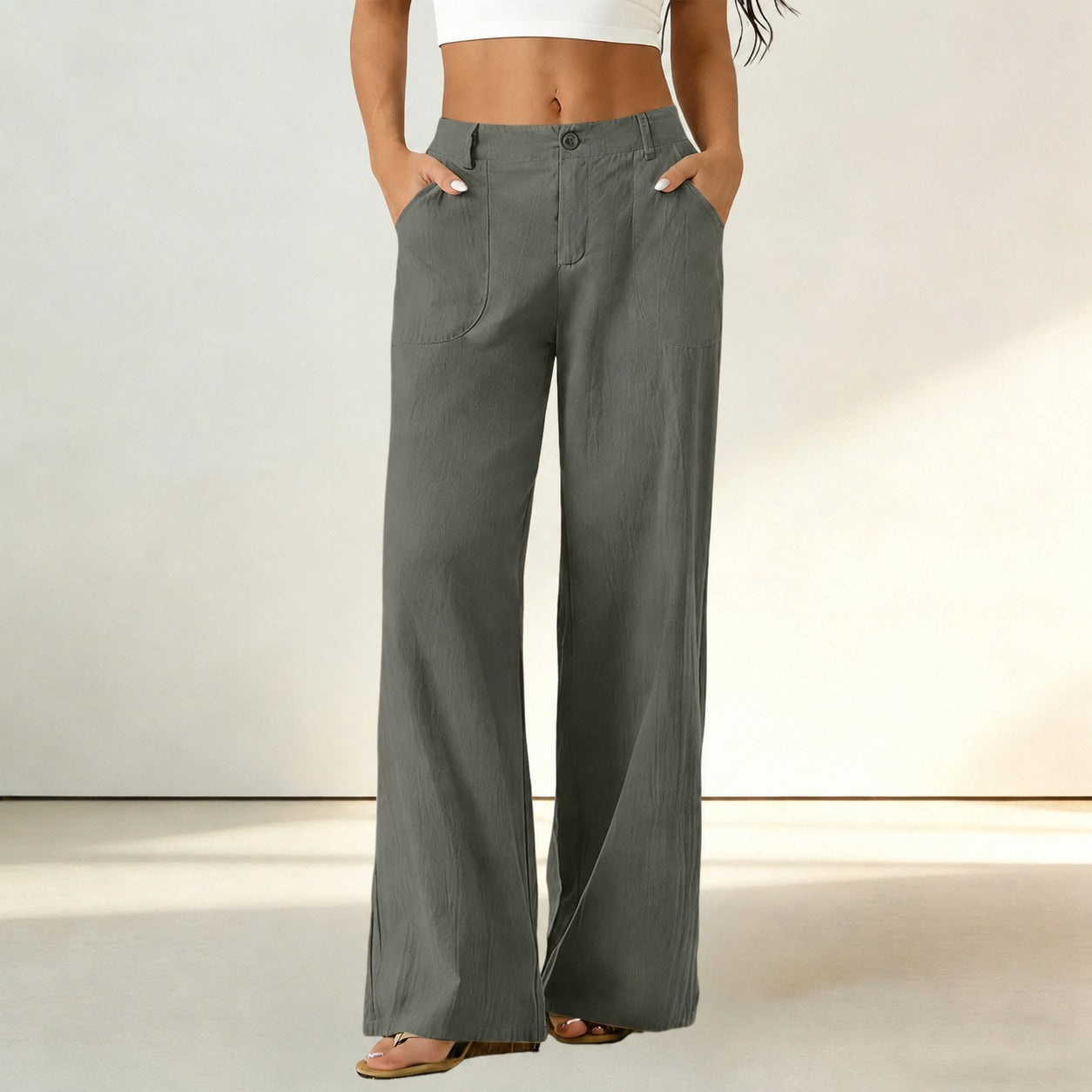 Calça Sorena™ com Cintura Alta, Bolsos Amplos e Modelagem Reta / Conforto Que Mantém o Visual Bem Alinhado