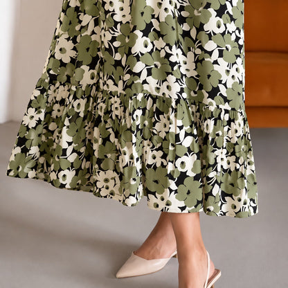 Vestido Rosavie™ com Estampa Floral, Botões Frontais e Barra com Babado