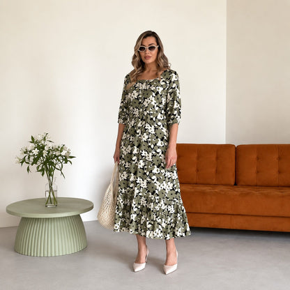 Vestido Rosavie™ com Estampa Floral, Botões Frontais e Barra com Babado