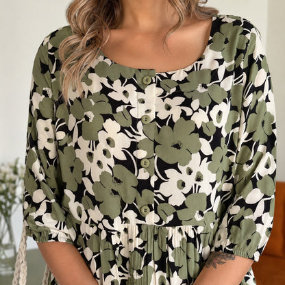 Vestido Rosavie™ com Estampa Floral, Botões Frontais e Barra com Babado