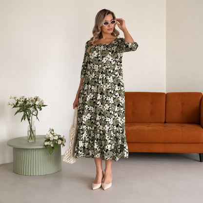 Vestido Rosavie™ com Estampa Floral, Botões Frontais e Barra com Babado