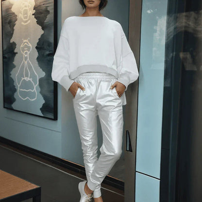 Conjunto Eclipse™ Blusa Oversized e Calça Metalizada / Estilo Urbano com Toque de Glamour!