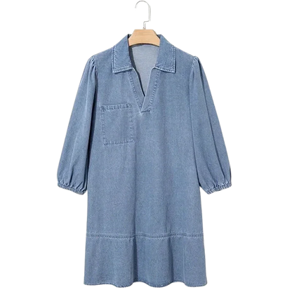 Vestido Jeans Madalena™ com Gola Lapela e Manga Bufante / O Clássico Renovado com Conforto e Feminilidade