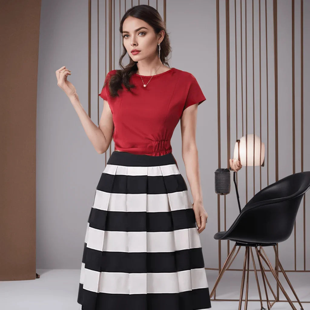 Conjunto Beleza Pura™: Saia com Listras Notáveis e Blusa Elegante!