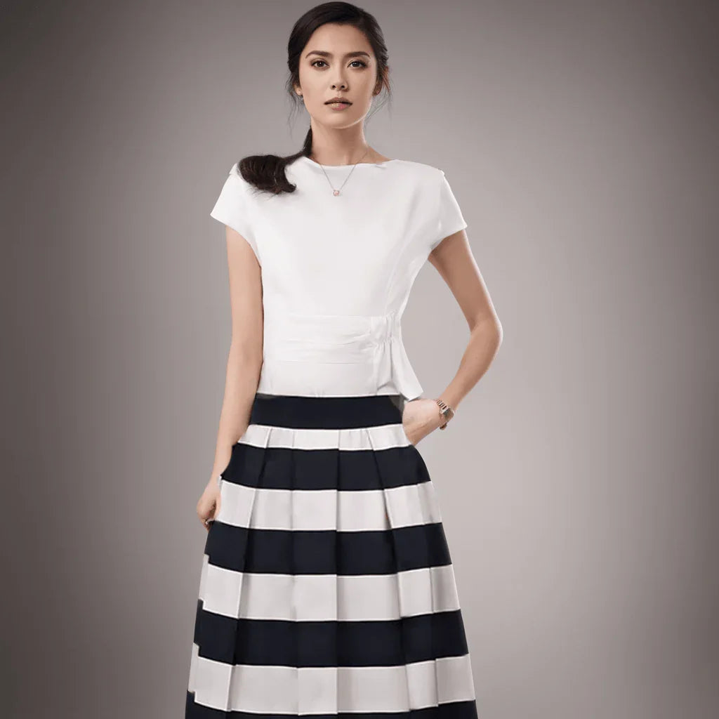 Conjunto Beleza Pura™: Saia com Listras Notáveis e Blusa Elegante!