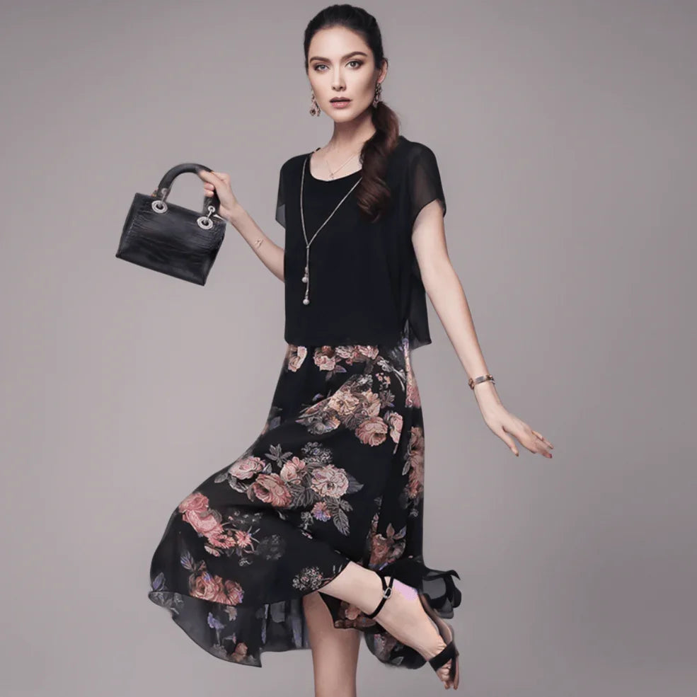 Vestido Flor de Pérola Design 2 em 1 em Chiffon Leve e Soltinho / A Combinação Perfeita Entre uma Blusinha e Saia Floral!