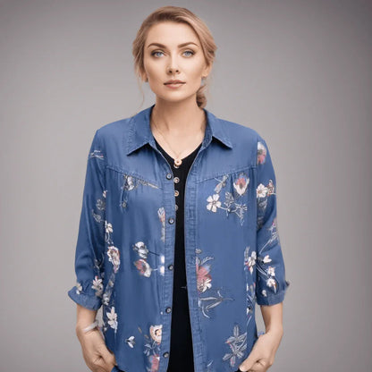 Camisa Jeans Floral Carmen™ - Elegância Floral com Um Toque de Vintage para Primavera e Verão!