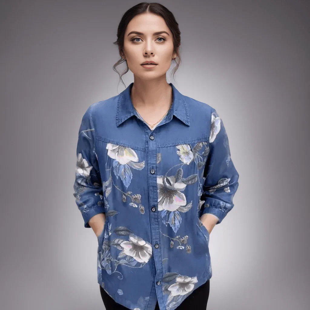 Camisa Jeans Floral Carmen™ - Elegância Floral com Um Toque de Vintage para Primavera e Verão!
