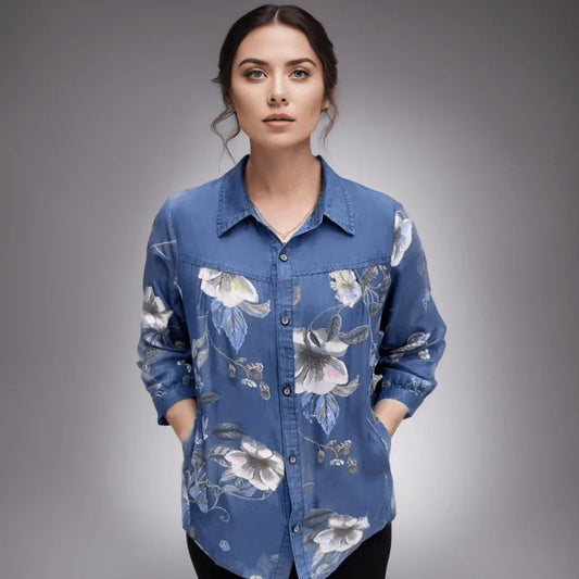Camisa Jeans Floral Carmen™ - Elegância Floral com Um Toque de Vintage para Primavera e Verão!