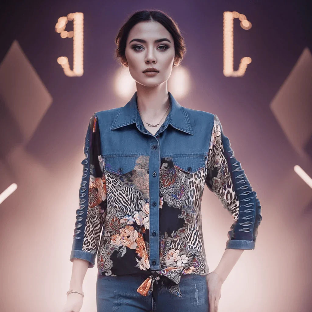 Camisa Jeans Retro Isabella™ com Estampas Estilo Barroco / Charme, Beleza e Conforto Para Deixa Qualquer Mulher Apaixonada!