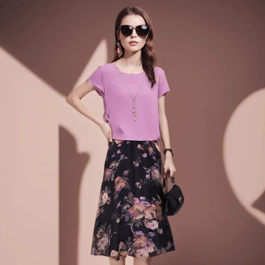 Vestido Flor de Pérola Design 2 em 1 em Chiffon Leve e Soltinho / A Combinação Perfeita Entre uma Blusinha e Saia Floral!