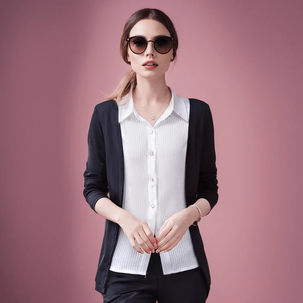 Camisa com Cardigã Sobreposto Modelo 2 em 1 Chic Femme™