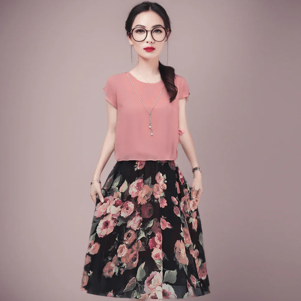 Vestido Flor de Pérola Design 2 em 1 em Chiffon Leve e Soltinho / A Combinação Perfeita Entre uma Blusinha e Saia Floral!