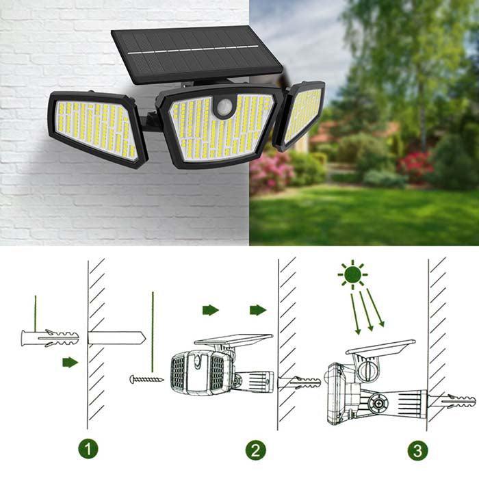 PAINEL SOLAR COM 3 CABEÇAS PARA ILUMINAÇÃO EXTERNA