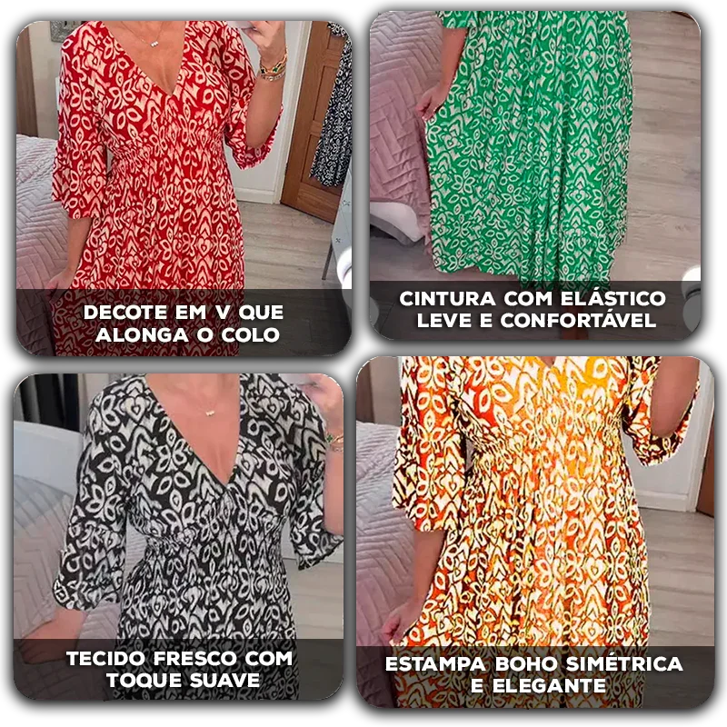 [COMPRE 2 E LEVE 3]  Vestido Harmonia Tropical™ com Estampa Boho e Tecido Leve / Um Toque de Cor e Liberdade para seu Dia!